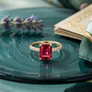 Emerald-Cut Red Gemstone Gold Ring with Pavé Band